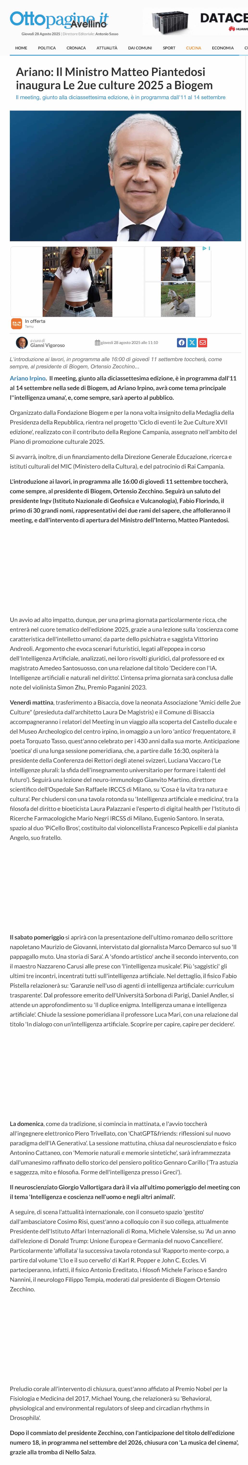 Ariano: Il Ministro Matteo Piantedosi inaugura Le 2ue culture 2025 a Biogem